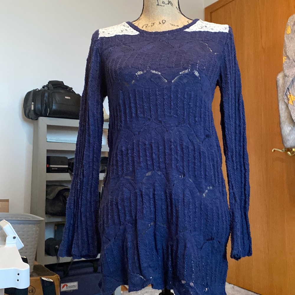 Blue knitted sweater with lace